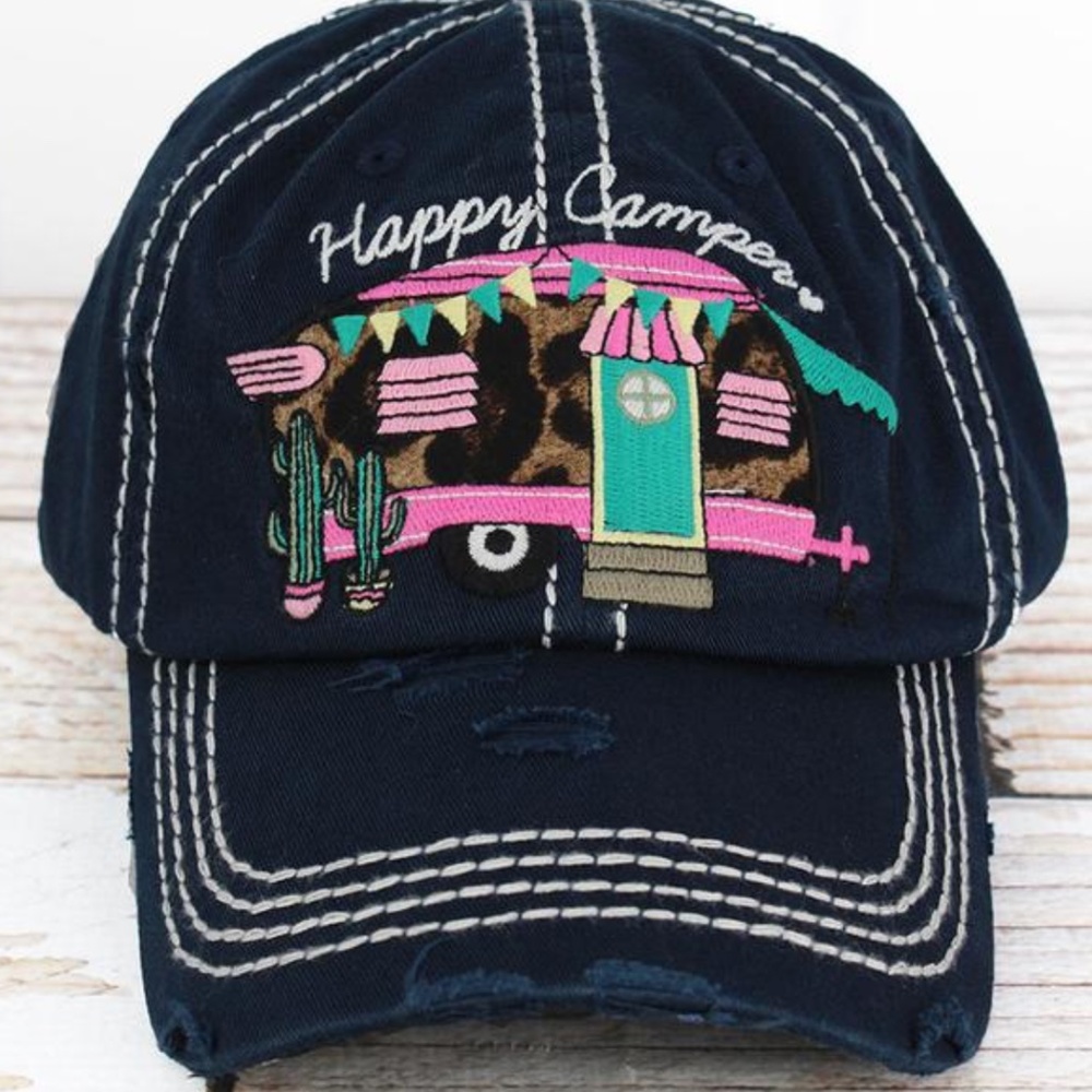 Distressed Navy Blue Happy Camper Cap, Hat Mom Hat Baseball Hat, Cap